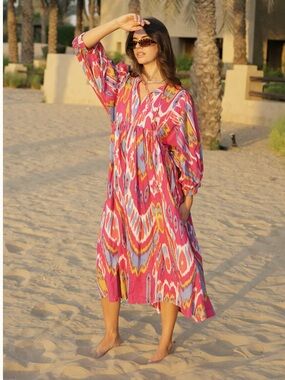 House of Sundar Hibiscus Liana Midi Dress Women’s Medium Boho Resortwear Summer